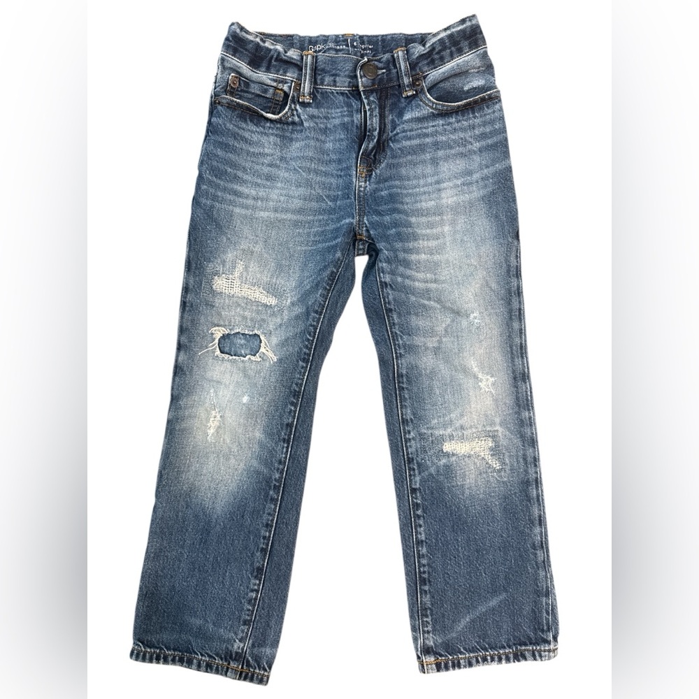 Gap Kids Original Dark Wash Distressed Denim Adjustable Waist Boys’ Size 6 Reg